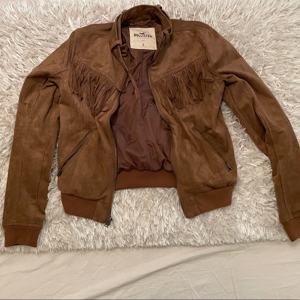 Hollister Fringe Brown Faux Leather Bomber Jacket , size small